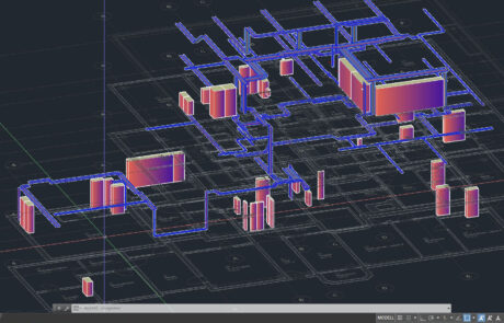 Kabeltrasse und Verteilungsanlagen in einem mehrgeschossigen Gebäude (3D-Ansicht mit unterlegten Grundrissen)